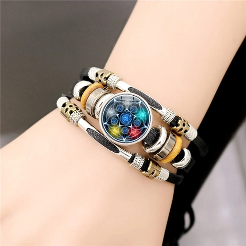 Men Retro Leather Braided Bracelet Wiccan Pentagram Magic Circle Glass Dome Punk Multi Layer Alloy Wood Charms Jewelry