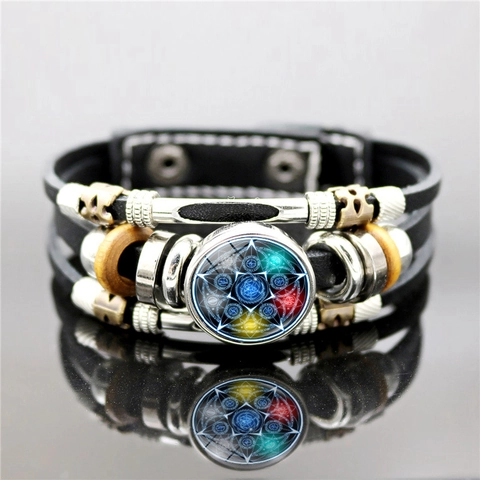 Men Retro Leather Braided Bracelet Wiccan Pentagram Magic Circle Glass Dome Punk Multi Layer Alloy Wood Charms Jewelry