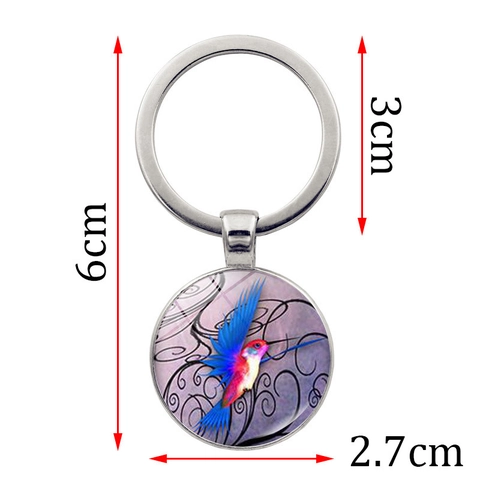 Porte-clés en Verre Artistique Colibri Coloré Alliage de Zinc Plaqué Argent Pendentif Rond Bijoux Cadeau pour Femme Décoration de Sac