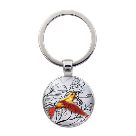 Porte-clés en Verre Artistique Colibri Coloré Alliage de Zinc Plaqué Argent Pendentif Rond Bijoux Cadeau pour Femme Décoration de Sac