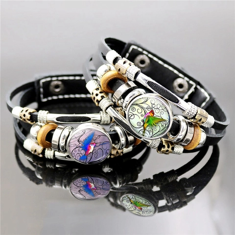 Pulsera De Cuero Multicapa Colibrí Cabujón De Vidrio Vintage Punk Étnico Con Cuentas Para Hombres
