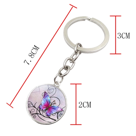 Vintage Zinc Alloy Glass Butterfly Keychain Colorful Animal Round Time Gem Pendant Key Ring Bag Charm For Women Gift