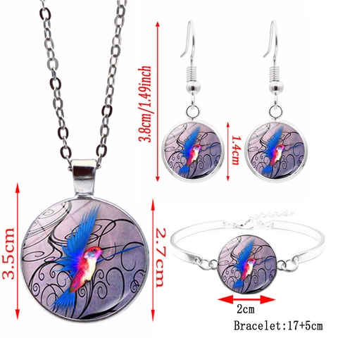Artistic Hummingbird Necklace Hook Earrings Bracelet Colorful Animal Glass Cabochon Alloy Jewelry For Women Fashion Accessories Gift