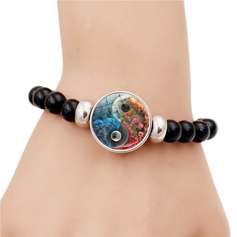 Yin Yang Tai Chi Beaded Bracelet Resin Glass Cabochon Alloy Spacer Elastic Charm Bracelet For Men Women Zen Ethnic Jewelry