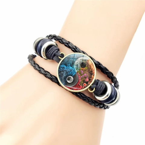 Vintage Yin Yang Tai Chi Braided Leather Bracelet Unisex Ethnic Multilayer Adjustable Glass Cabochon Wrap Wristband Jewelry