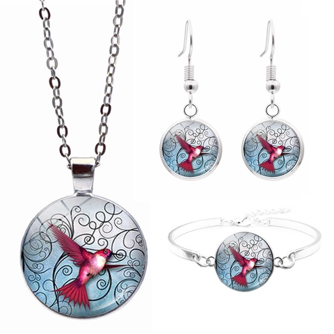 Artistic Hummingbird Necklace Hook Earrings Bracelet Colorful Animal Glass Cabochon Alloy Jewelry For Women Fashion Accessories Gift