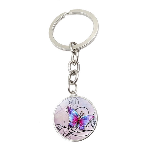 Vintage Zinc Alloy Glass Butterfly Keychain Colorful Animal Round Time Gem Pendant Key Ring Bag Charm For Women Gift