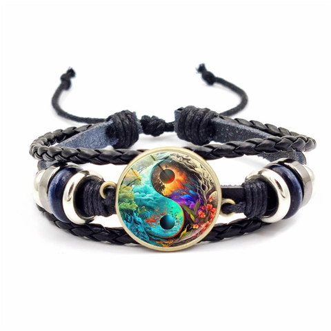 Vintage Yin Yang Tai Chi Braided Leather Bracelet Unisex Ethnic Multilayer Adjustable Glass Cabochon Wrap Wristband Jewelry