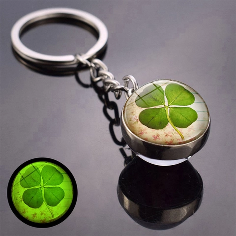 Luminous Four-Leaf Clover Glass Ball Keychain Glow In The Dark Time Gem Zinc Alloy Double Sided Metal Keyring Jewelry Gift