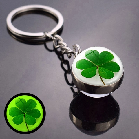 Luminous Four-Leaf Clover Glass Ball Keychain Glow In The Dark Time Gem Zinc Alloy Double Sided Metal Keyring Jewelry Gift