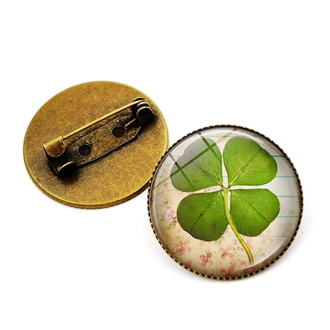 Vintage Alloy Four-Leaf Clover Brooch Glass Lucky Shamrock Time Gem Pin Jewelry For Women St. Patrick's Day Accessories