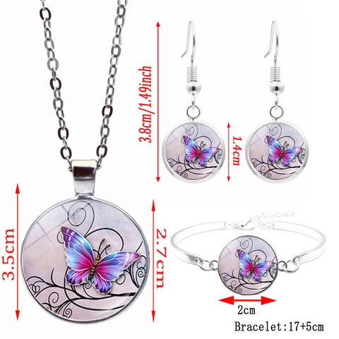 Fashion Butterfly Alloy Glass Cabochon Jewelry Collection Including Necklace Hook Earrings Bracelet For Women Vintage Artistic Accessories
