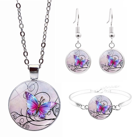 Fashion Butterfly Alloy Glass Cabochon Jewelry Collection Including Necklace Hook Earrings Bracelet For Women Vintage Artistic Accessories