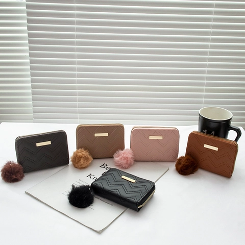 Women's Chevron Quilted PU Leather Short Wallet With Pom Pom Charm Zipper Coin Purse Small Card Holder For Daily Casual Use