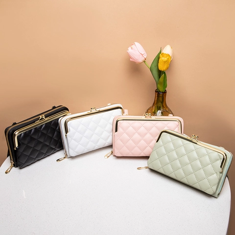 Women Long Quilted PU Leather Cell Phone Wallet Bag With Kiss Lock Clasp Zipper Double Layer Crossbody Shoulder Bag