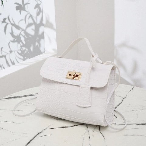 Women Handbag PU Leather Crocodile Pattern Gold Twist Lock Top Handle Crossbody Shoulder Bag Retro Small Square