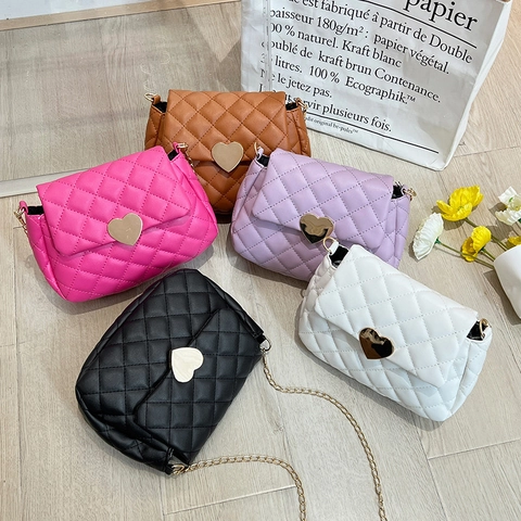 Quilted Shoulder Bag For Women PU Leather Rhombus Pattern Heart Shaped Lock Fashion Chain Strap Small Square Crossbody