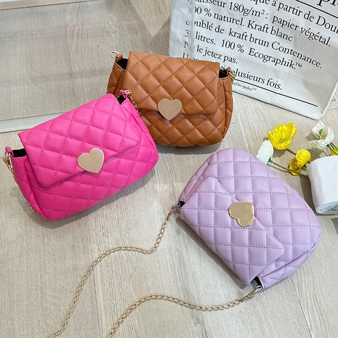 Quilted Shoulder Bag For Women PU Leather Rhombus Pattern Heart Shaped Lock Fashion Chain Strap Small Square Crossbody