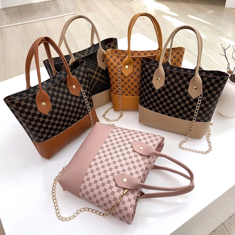 Women Fashion Printed Handbag PU Leather Small Square Crossbody Bag With Golden Chain Vintage Clover Pattern Shoulder Bag