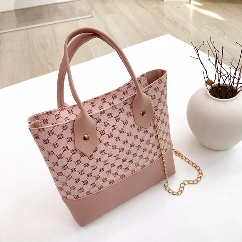 Women Fashion Printed Handbag PU Leather Small Square Crossbody Bag With Golden Chain Vintage Clover Pattern Shoulder Bag