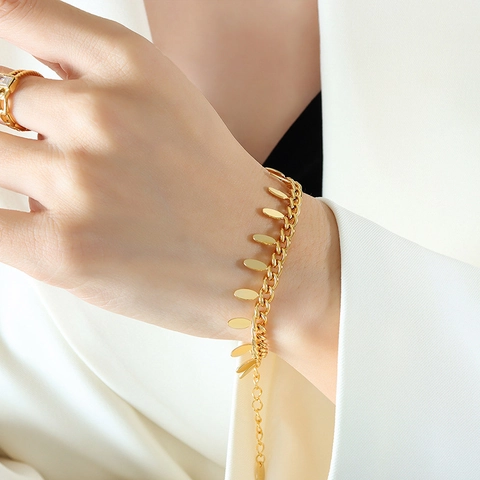 Blatt Quaste Armband Damen Titanstahl 18K Vergoldet Minimalist Oval Anhänger Gliederkette Verstellbar Schmuck Schick