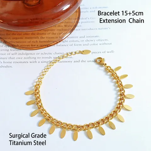 Blatt Quaste Armband Damen Titanstahl 18K Vergoldet Minimalist Oval Anhänger Gliederkette Verstellbar Schmuck Schick