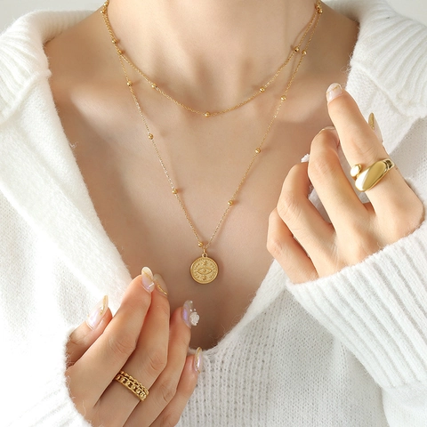 Evil Eye Coin Pendant Double Layer Necklace Stainless Steel French Vintage Style Bead Chain For Women Accessory