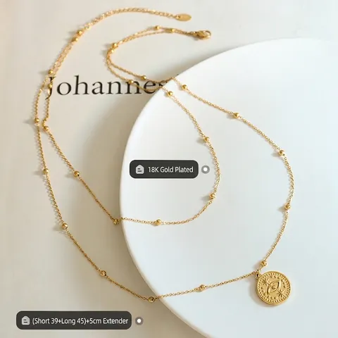 Evil Eye Coin Pendant Double Layer Necklace Stainless Steel French Vintage Style Bead Chain For Women Accessory