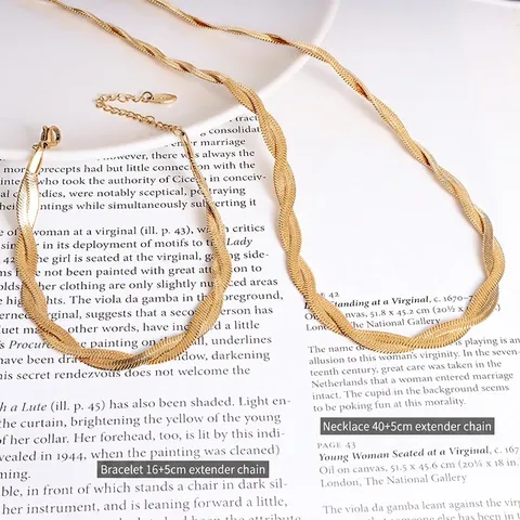 18K Gold Plated Titanium Steel Twisted Entwined Herringbone Blade Chain Necklace And Bracelet Jewelry Set For Women