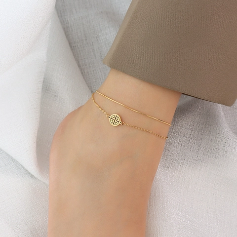 Double Layer Anklet Titanium Steel 18K Gold Plated Chinese Style Blessing Pendant Adjustable Foot Chain Retro Jewelry