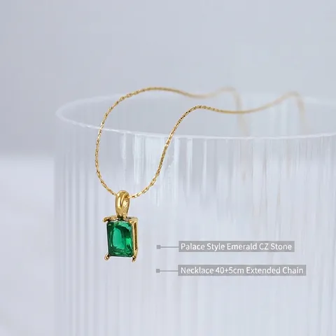 Vintage Emerald Zircon Pendant Necklace Titanium Steel 18K Gold Plated Court Style Retro Elegant Jewelry For Women