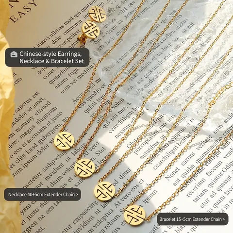 Hollow Round Charm Chinese Style Stainless Steel 18K Gold Plated Necklace Bracelet Stud Earrings Minimalist Elegant Women Jewelry
