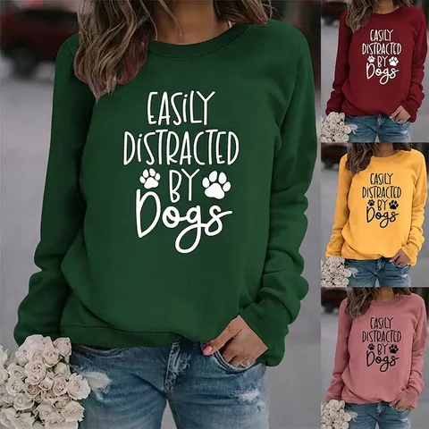 Easily Distracted By Dogs Felpa Donna Misto Cotone Girocollo Maniche Lunghe Pullover Casual Streetwear