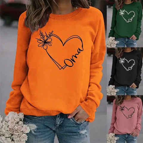 Felpa Donna Girocollo Maniche Lunghe Stampa Cuore Oma Casual Pullover Misto Cotone