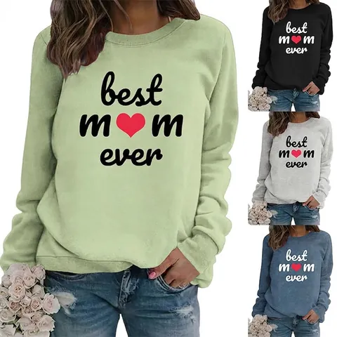 Felpa Da Donna Girocollo Maniche Lunghe Misto Cotone Pullover Best Mom Ever Stampa Cuore Casual Ampio Top