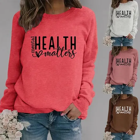 Felpa Girocollo Da Donna Misto Cotone Stampa Lettere Mental Health Matters Maniche Lunghe Pullover Casual Largo