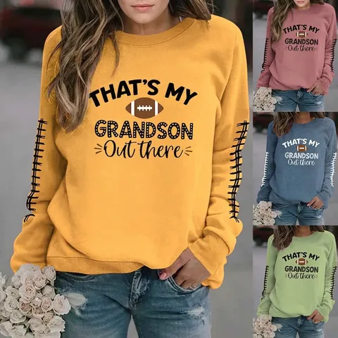 Sweatshirt Femme Mélange Coton Col Rond Manches Longues Imprimé Graphique Football Américain Thats My Grandson Pull Décontracté