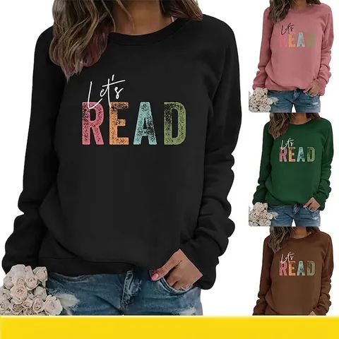 Women's Casual Cotton Blend Sweatshirt Let's Read Graphic Print Round Neck Long Sleeve Pullover Loose Fit Streetwear Top