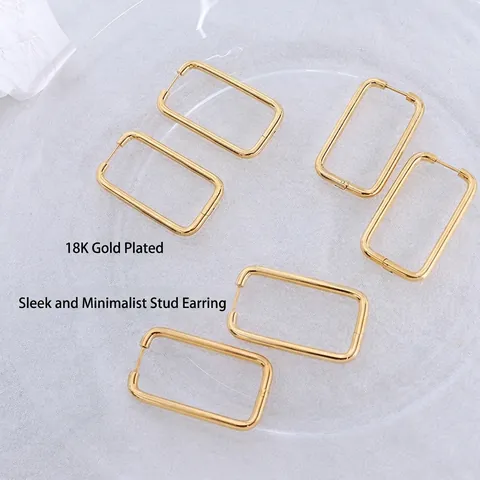Orecchini A Cerchio Rettangolari Minimalisti Acciaio Al Titanio Placcato Oro 18K Gioielli Geometrici Da Donna