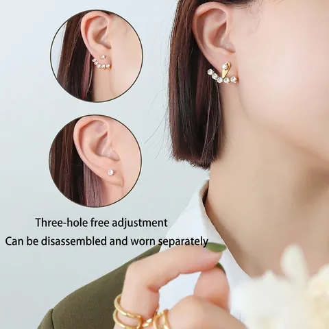 Zirkonia Ear Jacket Oorbellen 18K Verguld Titanium Staal Meerdere Gaten Verstelbaar Minimalistisch Ins Stijl Voor Dames