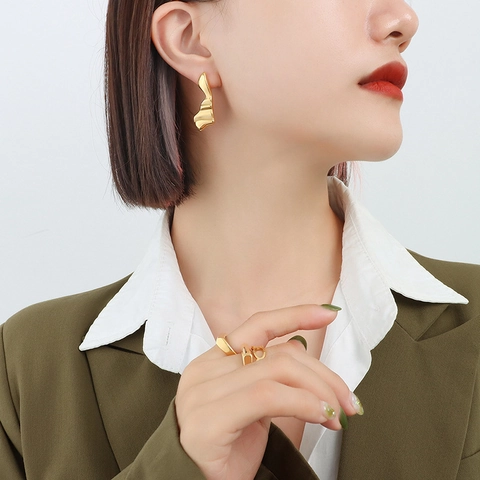 Irregular Wave Hoop Earrings Titanium Steel Liquid Metal Texture Minimalist Exaggerated Jewelry For Women