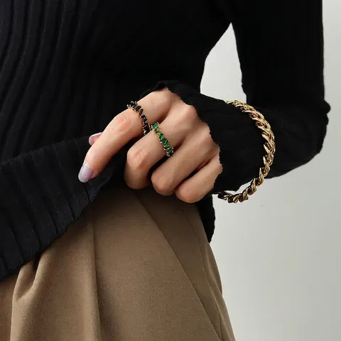 18K Gold Plated Copper Rectangular Green Black Zirconia Open Adjustable Rings For Women Minimalist Geometric Statement Jewelry