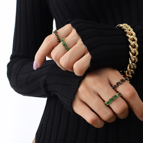 18K Gold Plated Copper Rectangular Green Black Zirconia Open Adjustable Rings For Women Minimalist Geometric Statement Jewelry