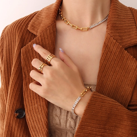 Dames 18K Verguld Titanium Staal U-Link Hoefijzer Ketting Halsketting En Armband Met Baguette Zirkonia Sieraden