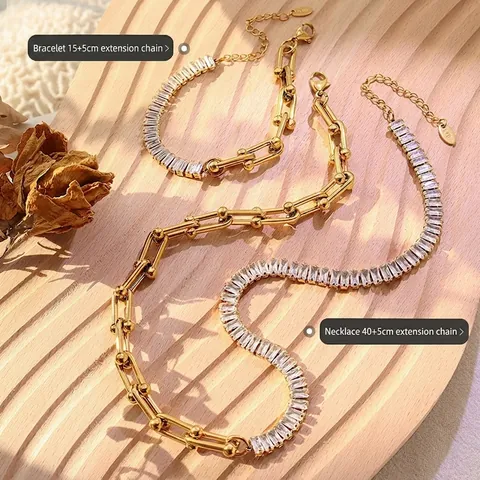Dames 18K Verguld Titanium Staal U-Link Hoefijzer Ketting Halsketting En Armband Met Baguette Zirkonia Sieraden