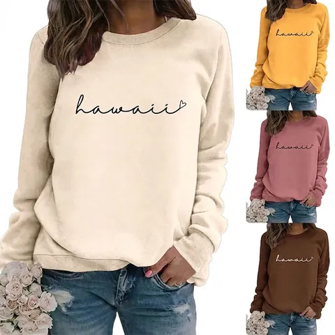 Sweat-shirt Femme Imprimé Cœur Hawaii Mélange De Coton Col Rond Manches Longues Pull Casual Streetwear