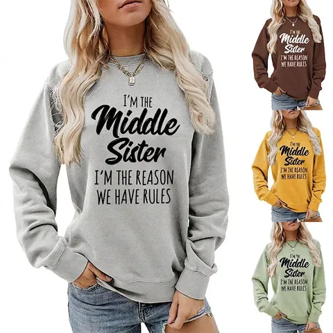 Sweatshirt Femme Col Rond Mélange Coton Manches Longues Middle Sister Slogan Imprimé Graphique Pull Décontracté