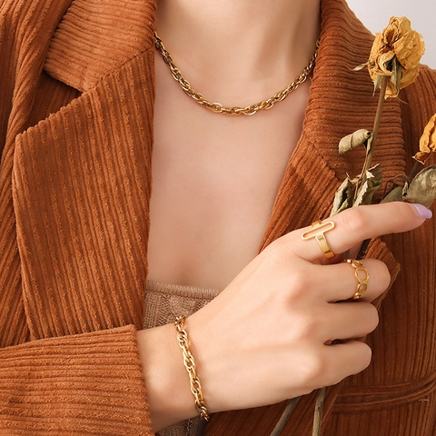 Gioielli Con Catena A Maglie Grossa Acciaio Al Titanio Placcato Oro 18K Collana Spessa E Bracciale Hip Hop