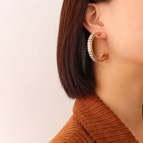 C-Shaped Hoop Earrings Titanium Steel Gold Plated Baguette Cut Zircon Light Luxury Fashion Jewelry For Women