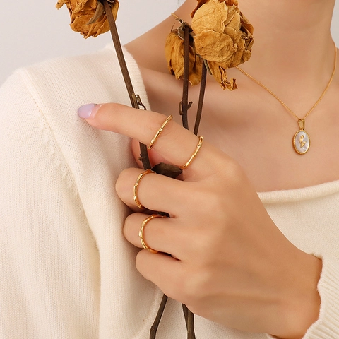 Anillo De Banda De Bambú Acero De Titanio Pulido Geométrico Minimalista Joyería Apilable Para Mujer